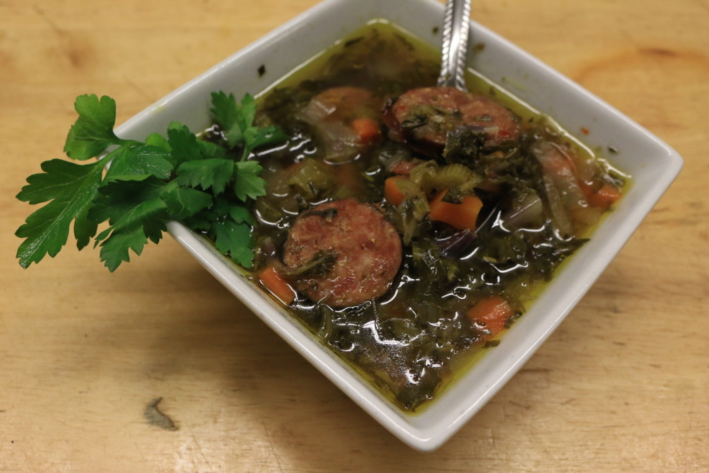 white bowl of kielbasa soup