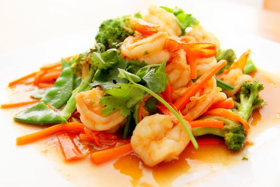 asian prawns on a white plate