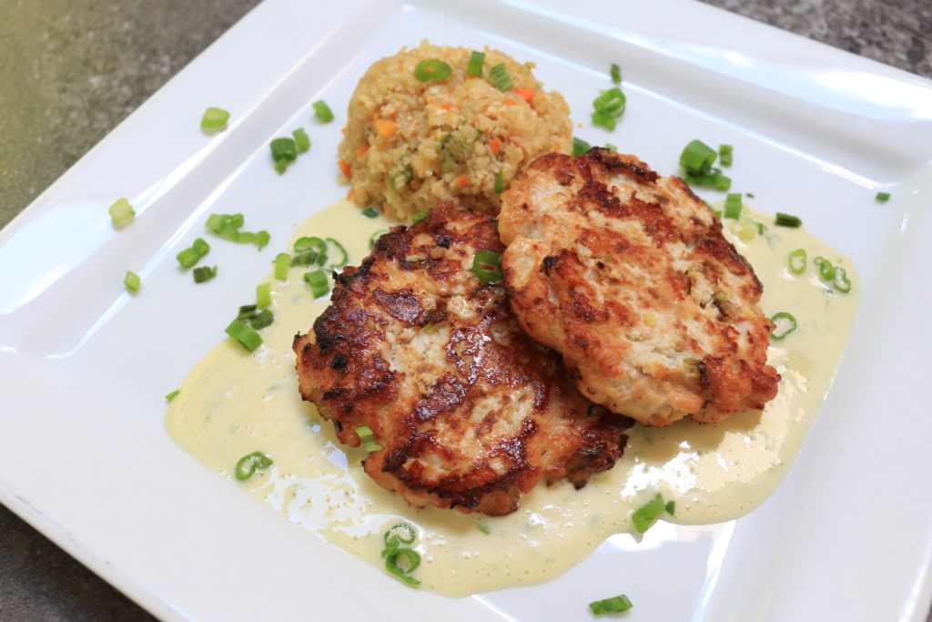 Paleo asian chicken burgers with fried rice